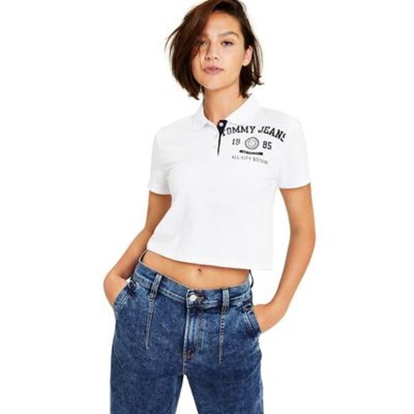 Tommy Jeans Womens Logo Polo Cropped Large White NWT - Picture 1 of 2